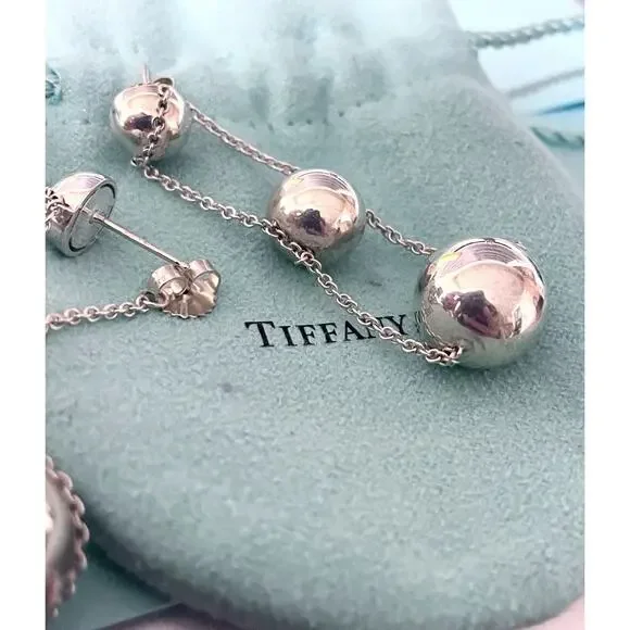 Tiffany & Co Silver Hardware Triple Drop Bead Ball Stud Earrings Butterfly Backs - Picture 10 of 12